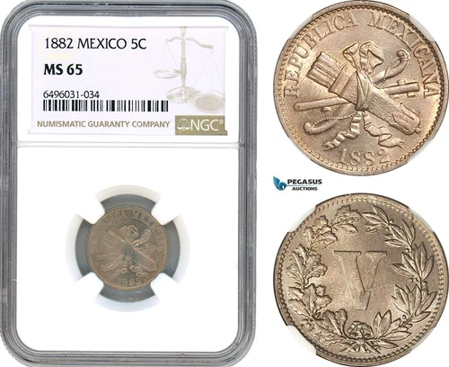 AH694, Mexico, 5 Centavos 1882, NGC MS65