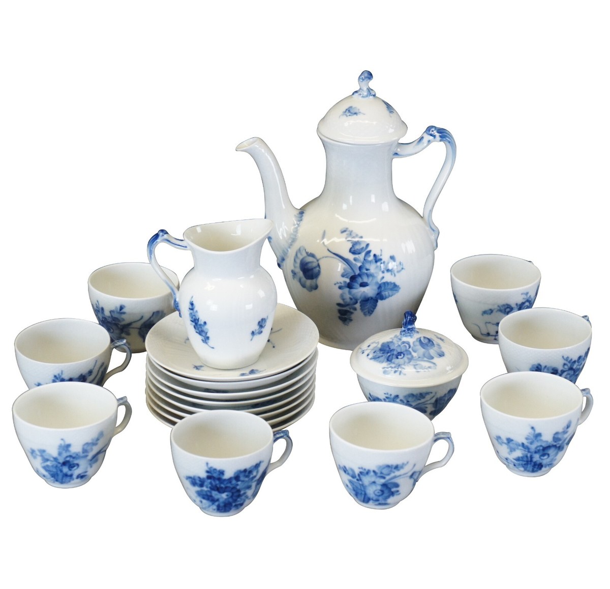 21 Piece Royal Copenhagen Porcelain Blue Flowers Coffee Tea Set 