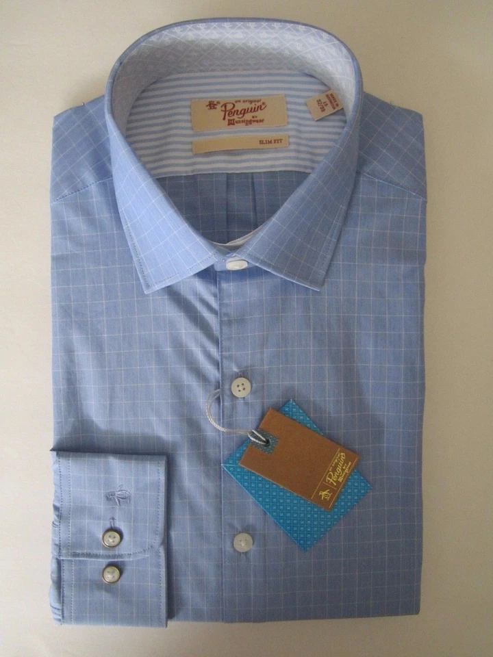 $75 NUEVO PINGÜINO MUNSINGWEAR Azul AZUL CUADROS HOMBRES CAMISA DE VESTIR LS corte ajustado Foto 2 de 4