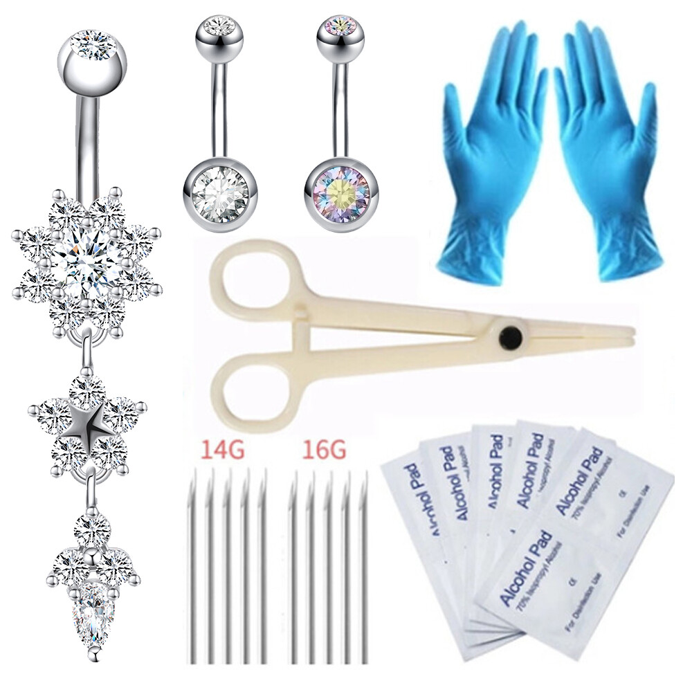 26 Pcs Navel Belly Button Rings Body Piercing Kit Tool 14/16G Piercing  Needles