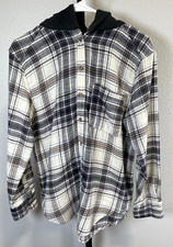 Womens Hooded Flannel Button Up White Black Brown Size Small Fall Casual