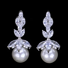 Women Classy Silver Plated Marquise Zircon Pearl Dangle Wedding Bridal Earrings