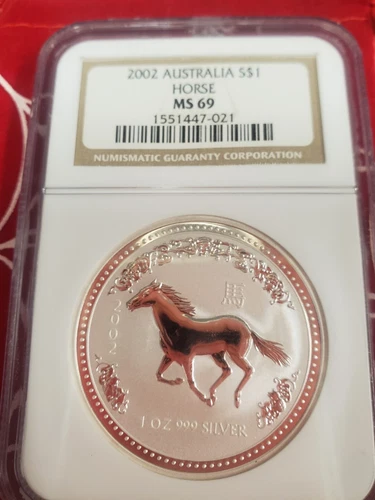 2002 Australia Lunar Year Of The Horse 🐴1 Oz. NGC MS 69🐎 .999 Silver Coin💎💎
