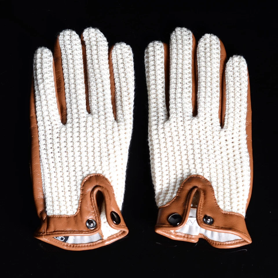 Men's 100% Real Leather Retro Unlined Driving Knitted Touch Screen Short Gloves - Image 4 of 4