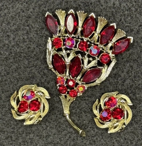 Vintage Lisner Signed Ruby Red Aurora Borealis Brooch & Earrings Demi Parure