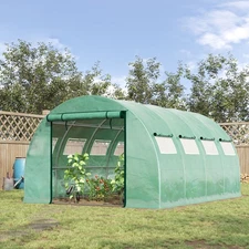 Outsunny Tunnel Greenhouse with 2 Mesh Doors Hot House, Green, 13' x 10'