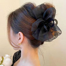 Black Mesh Tulle Bowknot Hair Claw Clips - Large Chiffon Clips for Women's Thick