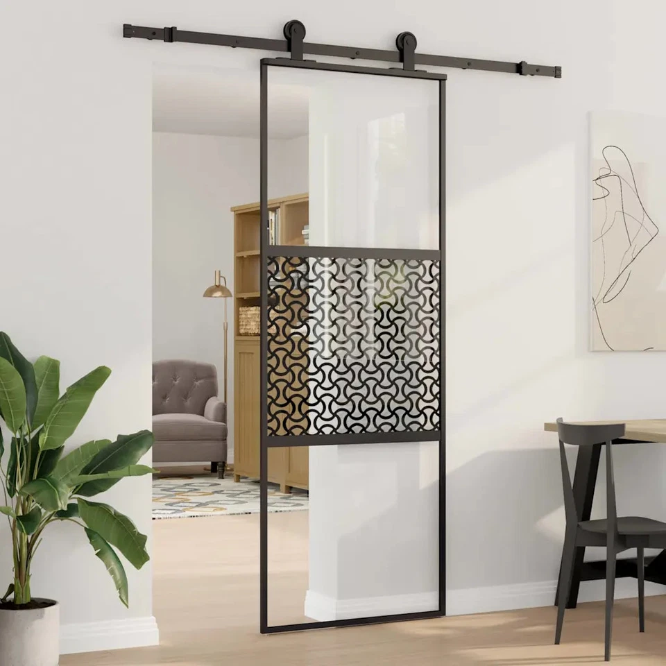 Puerta Corredera ESG Vidrio y Aluminio Negro MúltiEstampado Multitalla vidaXL - Imagen 4 de 4
