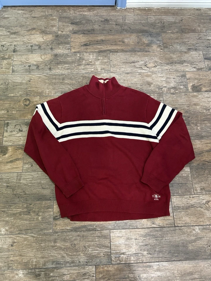 Vintage Tommy Hilfiger red and white striped quarter zip sweater #stripes - Image 2 of 3
