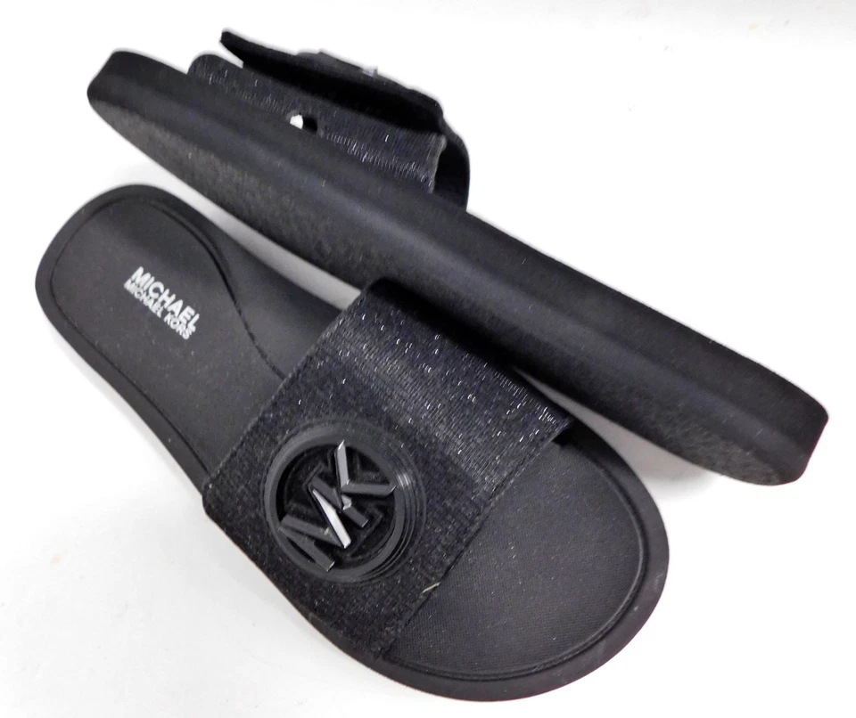 Sandalias MICHAEL KORS MK Charm Logo Talla Brillo Negras Para Mujer 6 M NUEVAS Foto 3 de 4