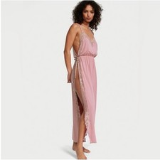Victoria's Secret Modal Lace-Trim Maxi Slip dress Mauve Pink Large Side Slit