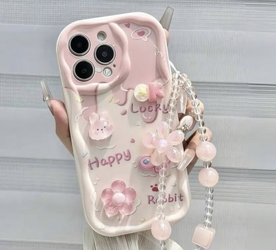 Cute 3D Phone Case with Pink Bunny & Flowers + Strap for IPhone 17 Pro Max,Pink