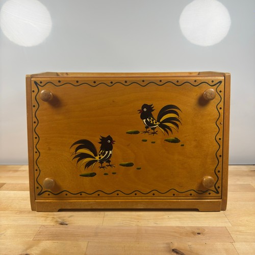 Vintage Woodpecker Wood Ware Hand Painted Rooster Bread Box Cutting Board Japan