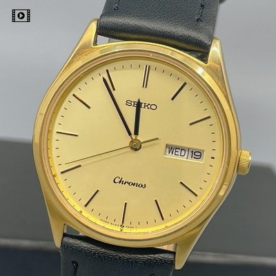 SEIKO Chronos 5H23-7D40 Quartz Day/Date Gold 34mm Men's Watch Vtg1992 [N.Mint］ 