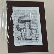 Original Drawing Sketch Mushrooms Over A Book Page, Upcycled Art, Dictionary Art
