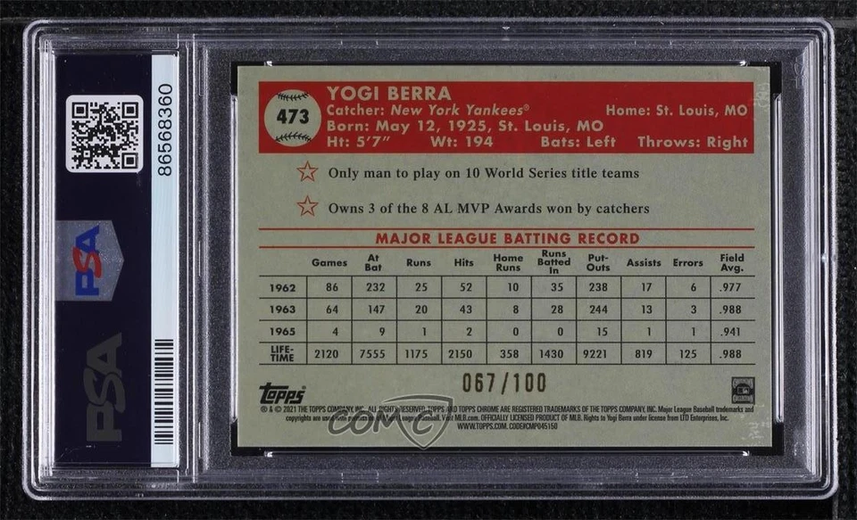 2021 Chrome Platinum Anniversary Red Atomic Refractor Yogi Berra PSA 10 GEM MT - Image 2 of 2