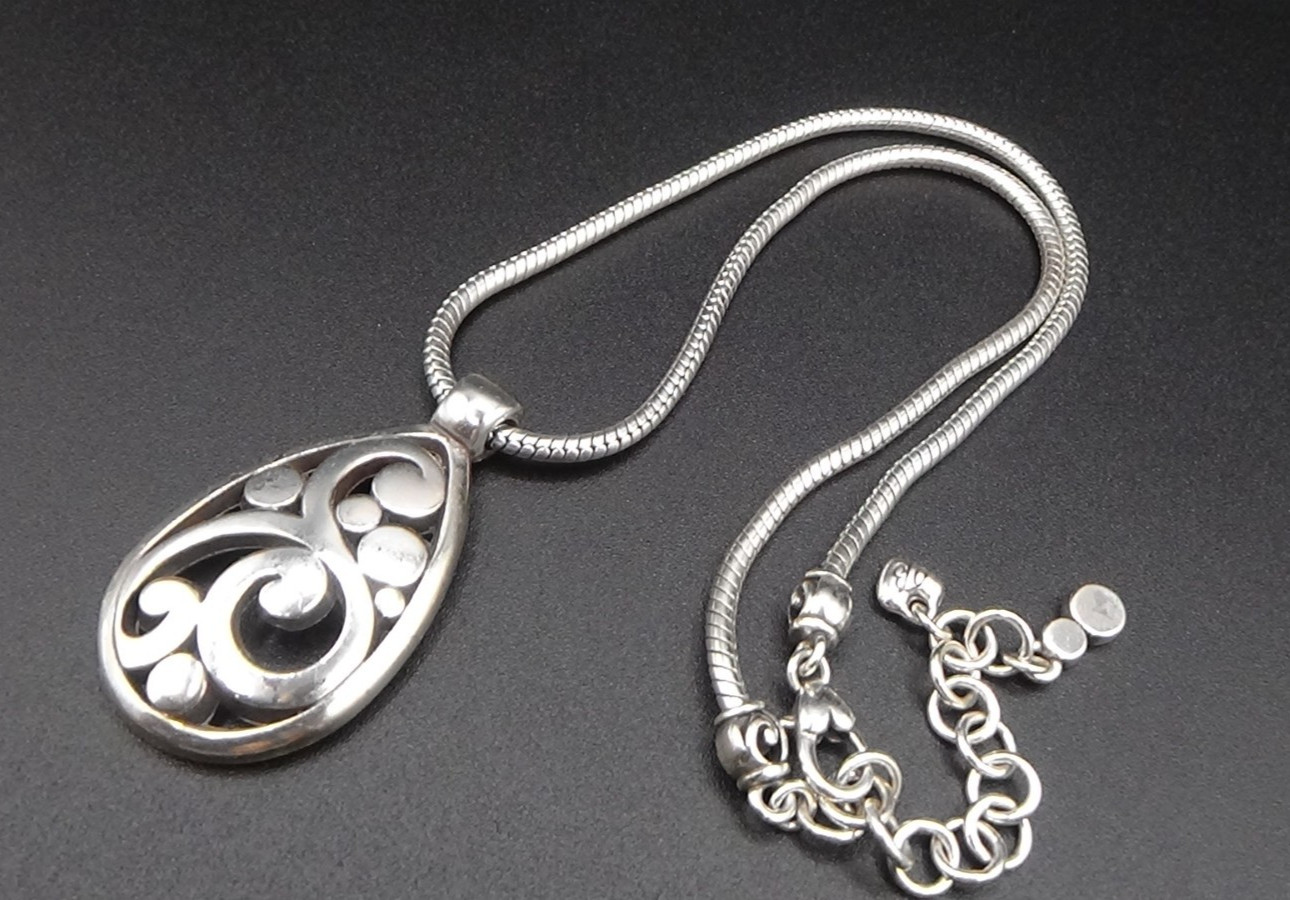 BRIGHTON CONTEMPO Open Scroll Necklace Teardrop Swirl Silver Plate Snake Chain