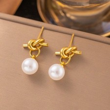 Knot White Faux Pearl 304 Stainless Steel 10 mm Gold Tone Earrings