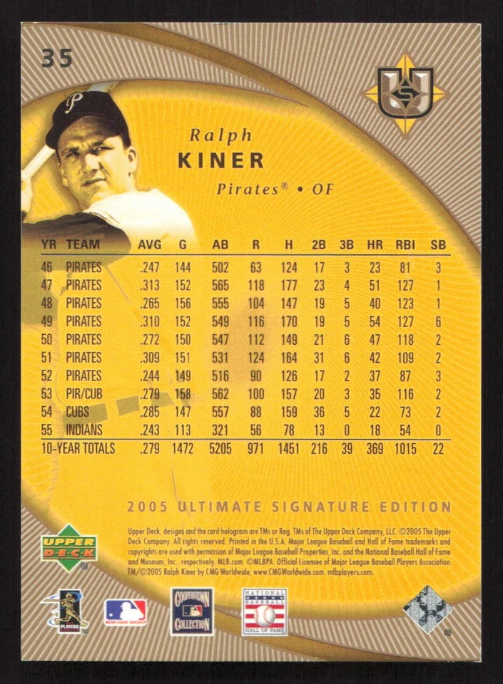 2005 UD Ultimate Signature Edition Ralph Kiner #/825 #35 Card - Image 2 of 2