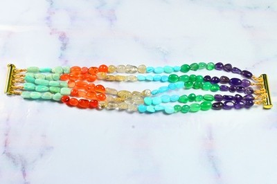 A++ Multicolor 6 Stone Smooth Oval Gemstone Beaded Handmade 5Layer Bracelet 6-8''