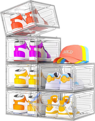 Clear Stackable Shoe Organizer with Magnetic Door - 6 Pack, White