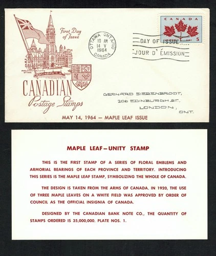 Canada #417, 1963 5¢ Maple Leaf Unity Middlesex cachet FDC + insert