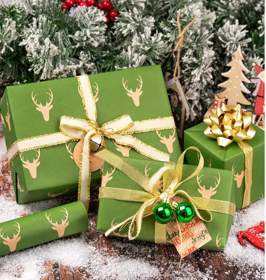 Christmas Wrapping Paper, Jumbo Roll Kraft Paper Green Reindeer 24 Inx 100 Feet - Image 2 of 4