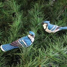 2 Blue Jay Bird clip-on Christmas ornaments, hand carved  painted wood, NWT