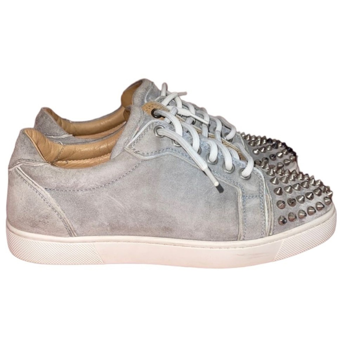 Women's Christian Louboutin Vieira Gray Calfskin Spikes Sneakers