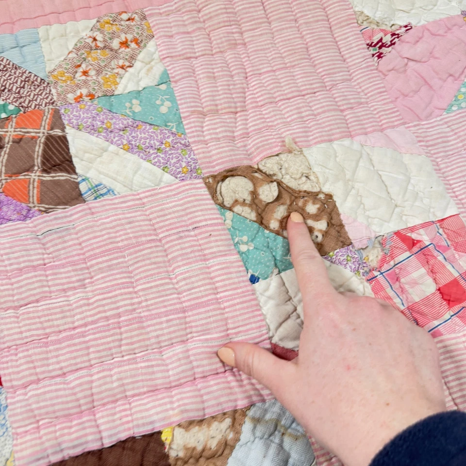 vintage handmade quilt twin patchwork pink feedsack cotton rustic primitive - Image 4 of 4