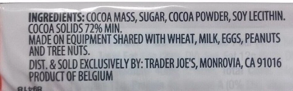 9 Bars Trader Joe's 72% Cacao Dark Chocolate Candy Bars 1.65 oz Each Bar - Image 3 of 4