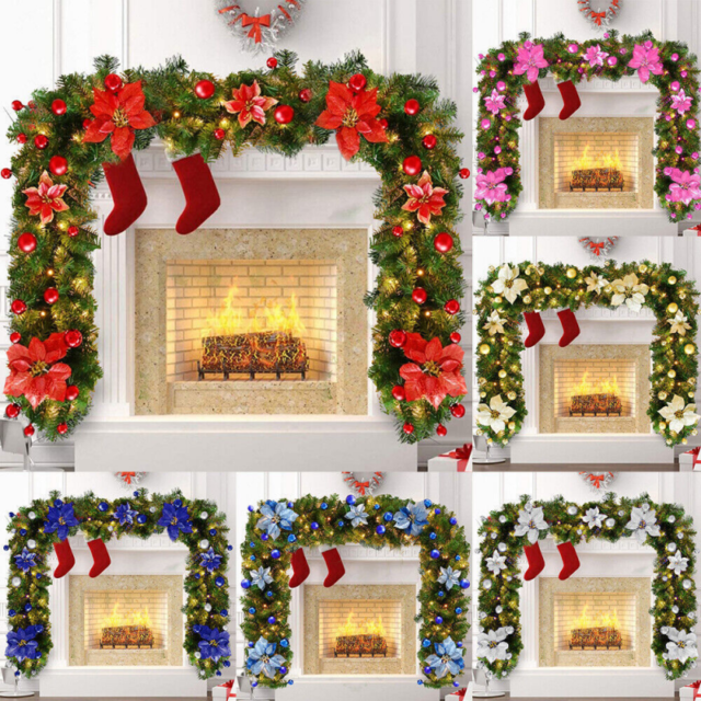 9FT Pre Lit Christmas Garland Flower with LED Lights Door Wreath Fireplace Decor