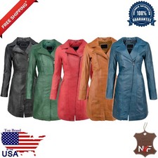 Women Black Genuine Real Leather Lambskin Knee Length Trench Overcoat Jacket