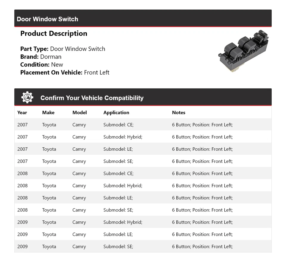 For 2007-2009 Toyota Camry Dorman Door Window Switch Front Left 2008 - Image 2 of 4