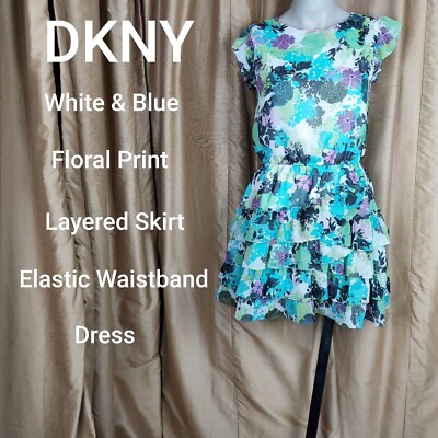 DKNY Girls White & Blue Floral Print Layered Skirt Dress Size L | eBay