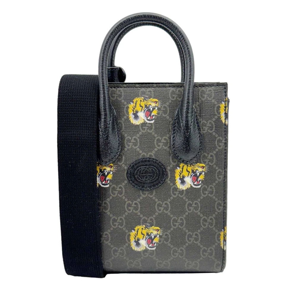 GUCCI  Interlocking GG Mini Supreme Tiger Printed Canvas Tote Bag Gray 696010