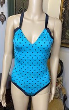 Vintage Swimsuit Womens large Blue teal Polka Dot Union Made One Piece stripes
