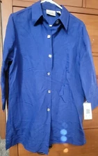 NWT Vintage Field Manor Button Up Top Medium Royal Blue Classic Linen Blend 