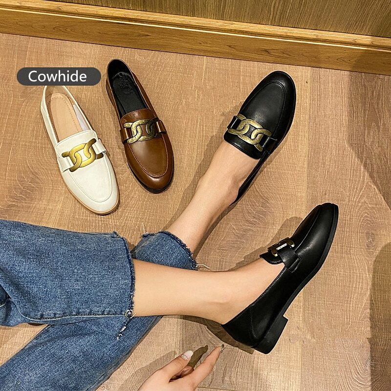 Black Buckle Leather Flat Loafers Women Shoes Driving Shoes Pumps