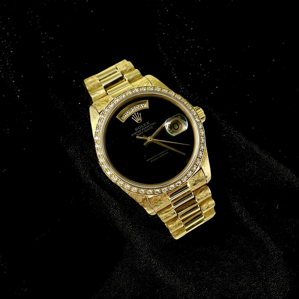 Rolex Day-Date 36mm President Black Onyx Dial Diamond Bezel 18K