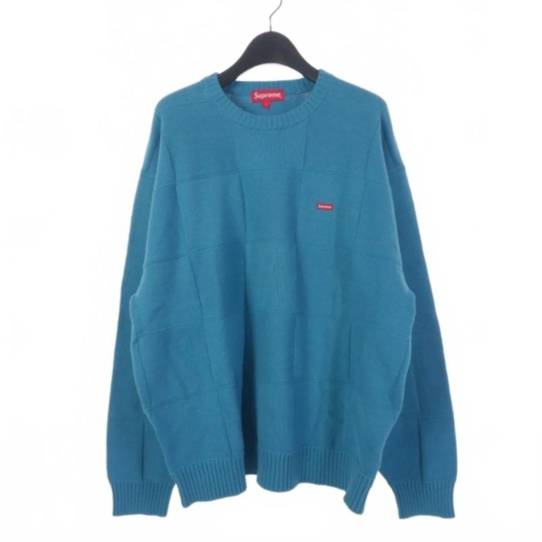 Pull Supreme 21SS ton damier petite boîte coton tricot L bleu sarcelle occasion 7