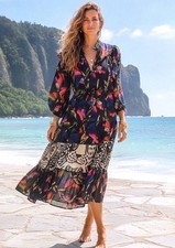 Farm Rio Black “Macaw’s Flight“ Ankle Dress, Size Small