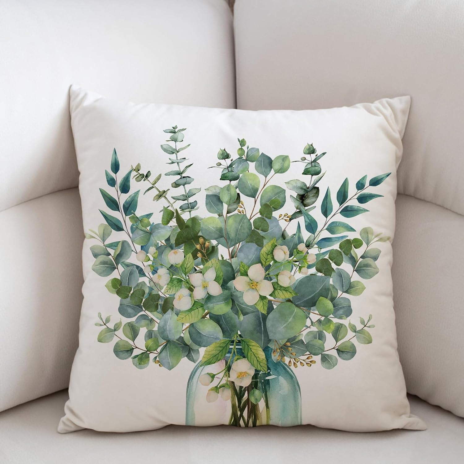 Eucalyptus Leaves Pillow Covers 18x18 Set of 2 Spring Sage Green Leaf Throw Pill