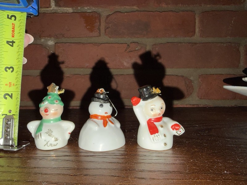 Lot Vintage Snow Man Bell Ornament Christmas Painted Porcelain Stamp Japan