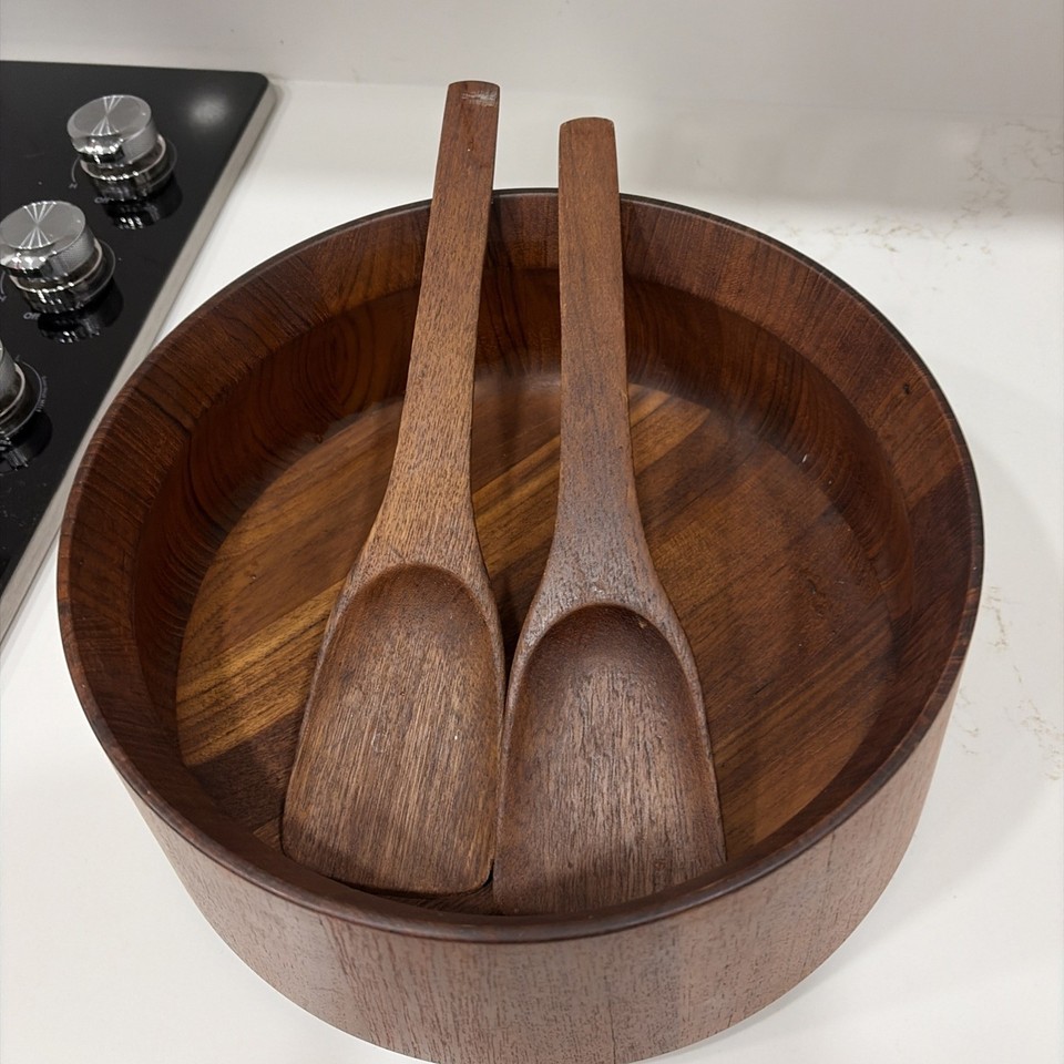 Vintage Dansk Denmark JHQ Staved Teak Salad Bowl Set w/ Servers