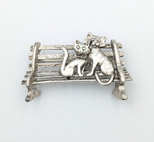 Vintage Silver Tone Two Cats on Park Bench Br...