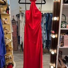 Red Halter Cowl Neck Satin Maxi Dress