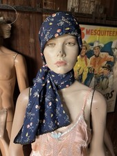 Vintage 40s Rayon Scarf Floral Leaf Pattern Print Navy Blue Pink Long Rectangle