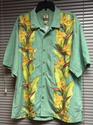 Tommy Bahama XL Silk Hawaiian Shirt Green Bird of Paradise Camp Aloha Luau