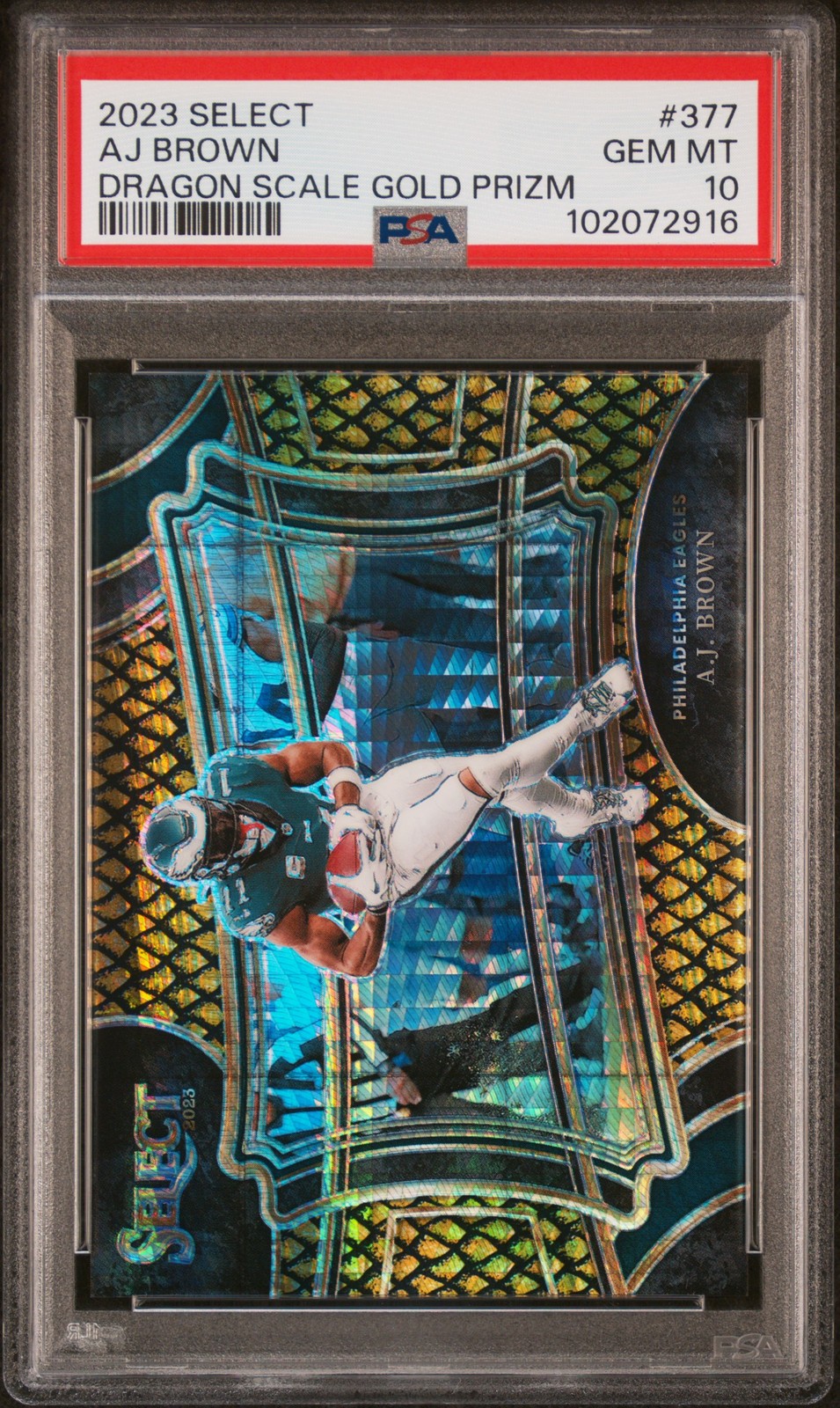 2023 PANINI SELECT DRAGON SCALE GOLD PRIZM #377 AJ BROWN 6/10 PSA 10
